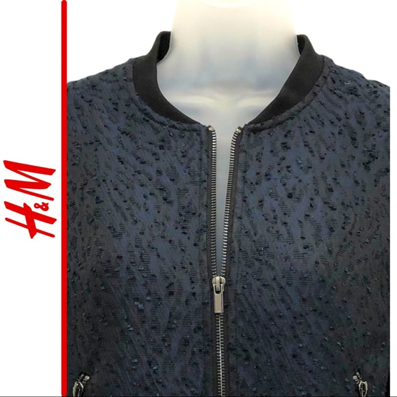 H&M Jacket Boucle Bomber Baseball Style Navy with Black Ribbed Collar &  Cuffs 8 - Picture 1 of 6